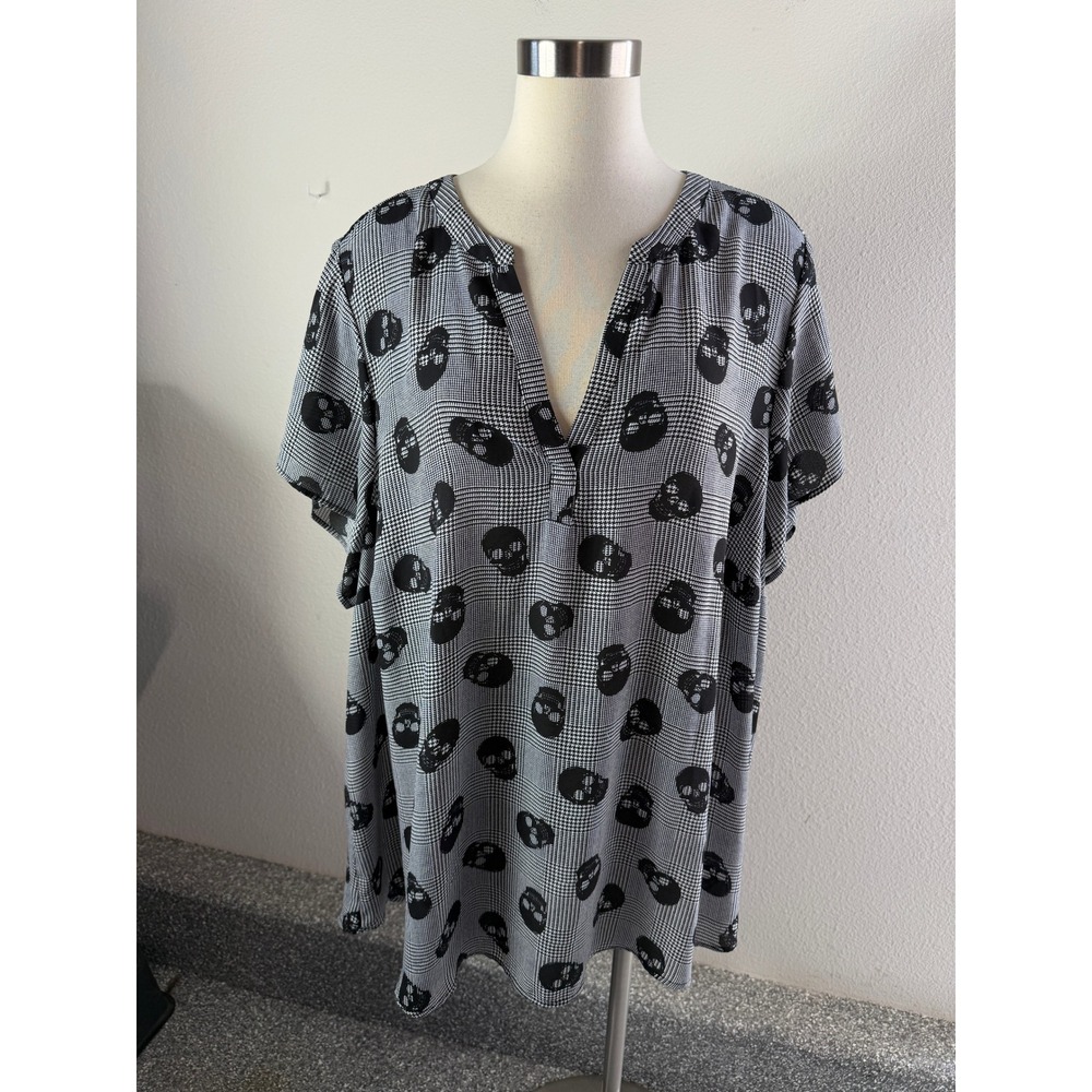 Torrid Harper Blouse Womens Plus 4X Skull Glen Plaid V Neck Tunic Top Goth
